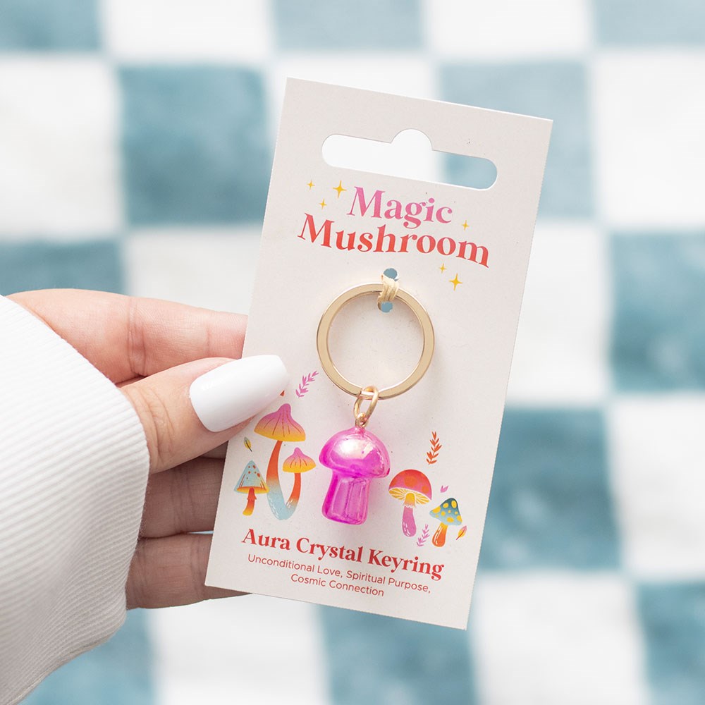 Roze aura crystal mushroom sleutelhanger