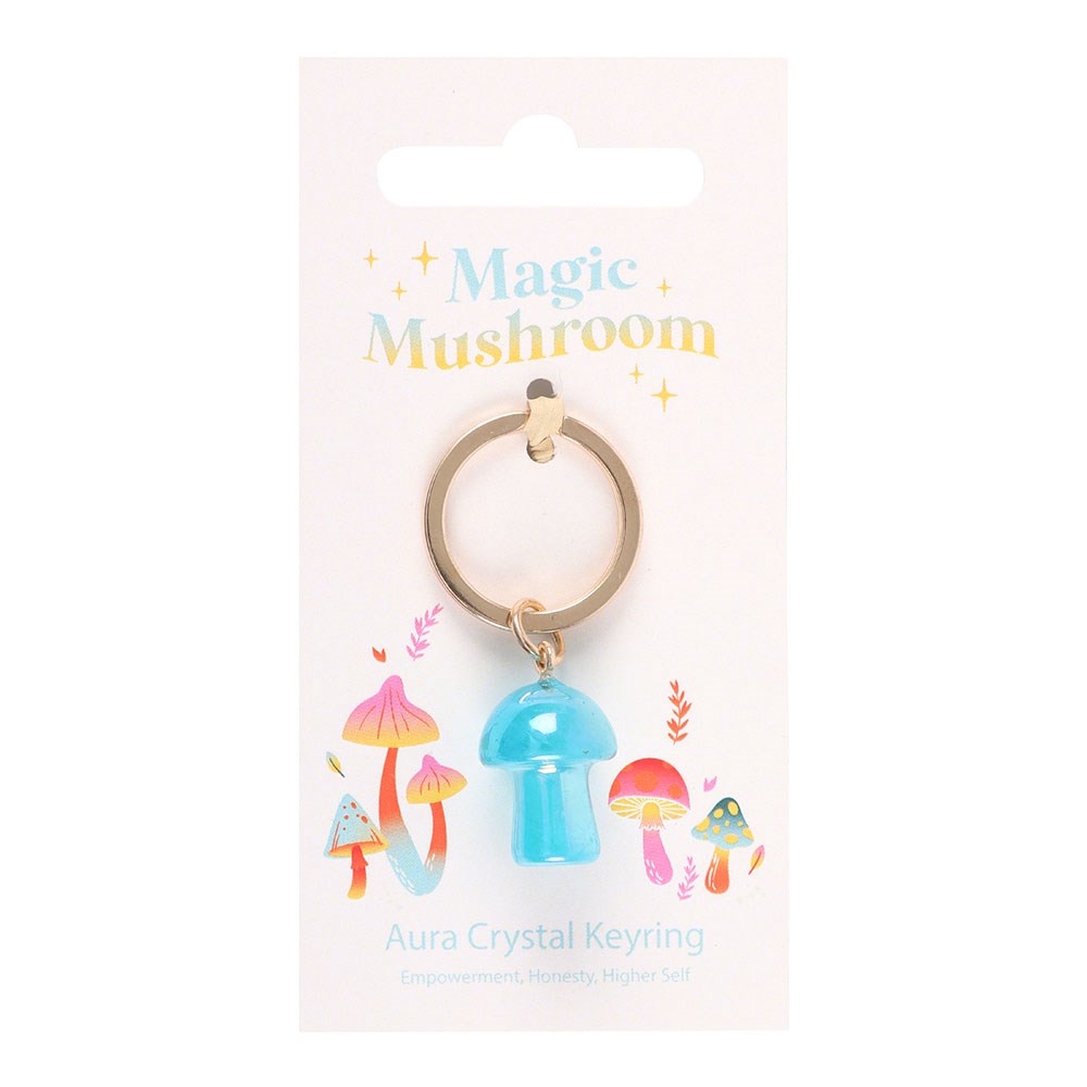 Blauwe aura crystal mushroom sleutelhanger