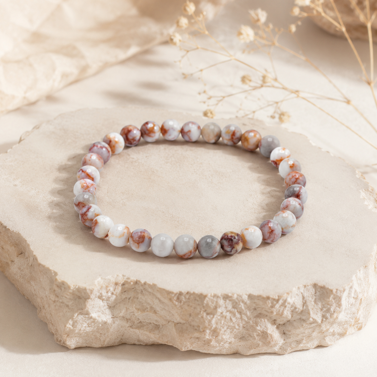 Bloedspin Jaspis edelstenen armband met natuurlijke kralen in grijze, witte en roodbruine tinten. Symbolisch voor familie, verbinding en harmonie.
