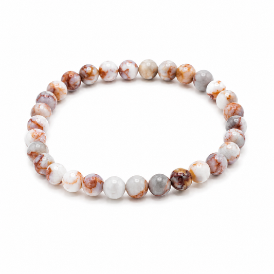 Bloedspin Jaspis edelstenen armband met natuurlijke kralen in grijze, witte en roodbruine tinten. Symbolisch voor familie, verbinding en harmonie.